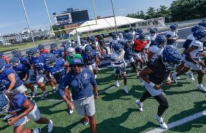 Howard University football players run together during practice at Stadium as the team concludes fall camp ahead of the 2025 season.